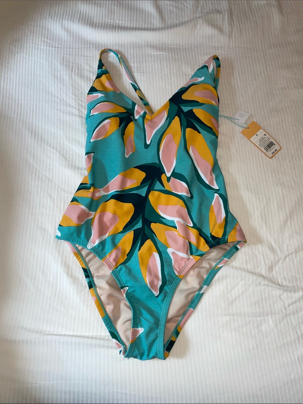 Kona Sol Teal One-Piece Swimsuit with Pink and Yellow Leaf Print